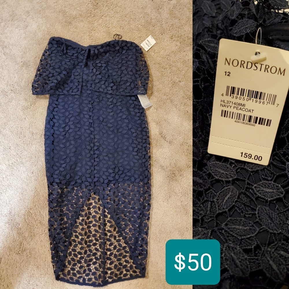 Navy strapless lace dress